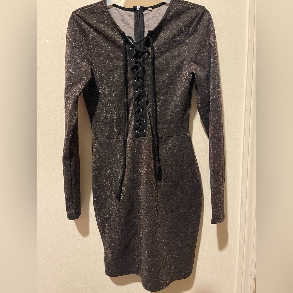 Fashion Nova Black Sparkle Lace-Up Dress